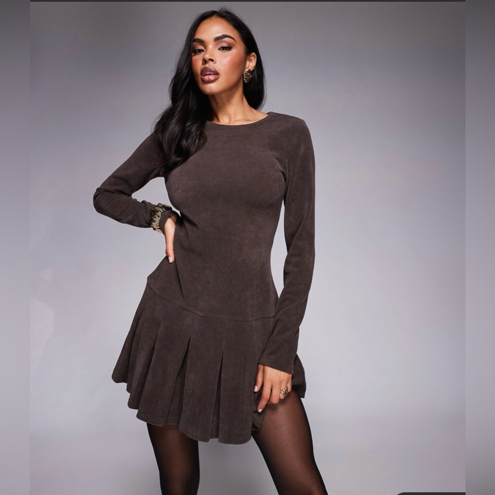 ASOS DESIGN corduroy drop waist mini dress with pleated skirt in chocolate
